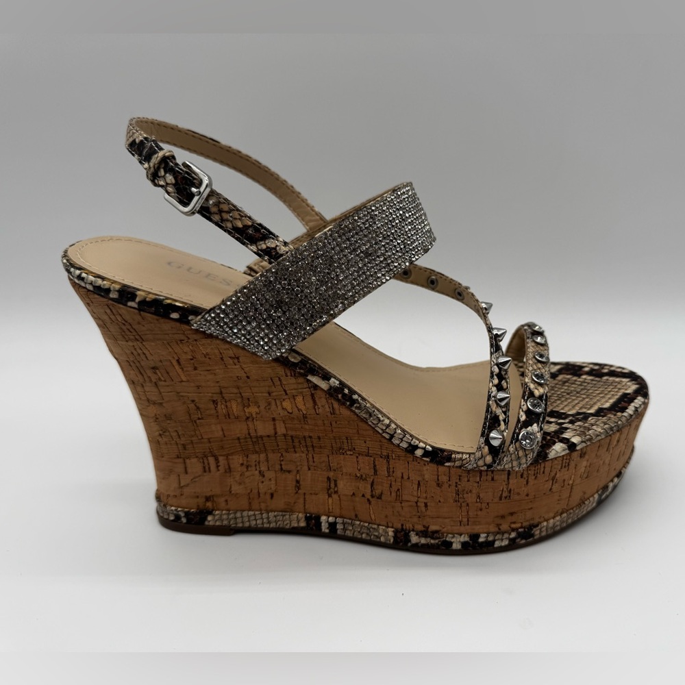 Guess Snake-Print Cork Wedge Sandal with Silver Rhinestone Straps